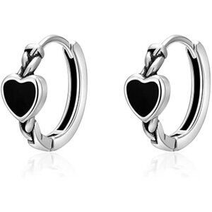 Solid 925 Sterling Silver Black Heart Hoop Earrings for Women Teens